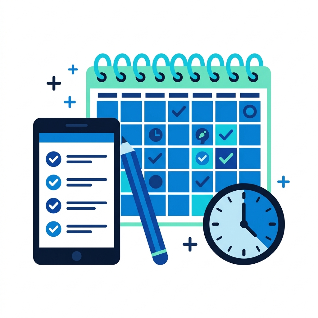 Ilustración de calendario, checklist y reloj — Schedy®